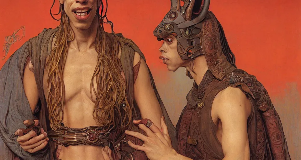 Prompt: highly detailed portrait of jar jar binks, by alphonse mucha, ayami kojima, yoshitaka amano, charlie bowater, karol bak, greg hildebrandt, jean delville, and mark brooks, 4 k resolution