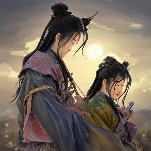 Image similar to dynamic composition, motion, ultra-detailed, incredibly detailed, a lot of details, amazing fine details and brush strokes, colorful and grayish palette, smooth, HD semirealistic anime CG concept art digital painting, watercolor oil painting of meadow and sunrise, from Three Kingdoms, by a Chinese artist at ArtStation, by Huang Guangjian, Fenghua Zhong, Ruan Jia, Xin Jin and Wei Chang. Realistic artwork of a Chinese videogame, gradients, gentle an harmonic grayish colors.