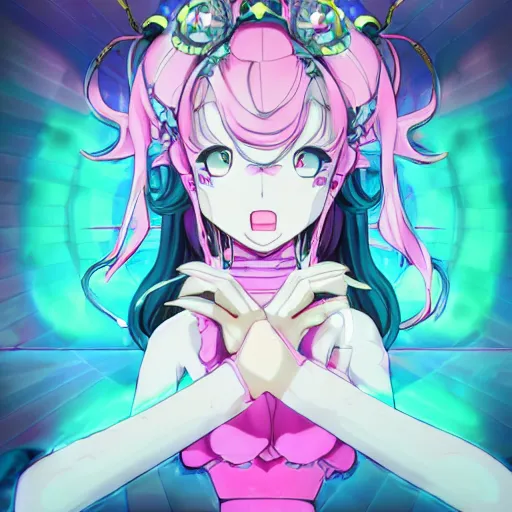 Image similar to stunningly beautiful omnipotent megalomaniacal anime asi goddess who looks like junko enoshima with symmetrical perfect face and porcelain skin, pink twintail hair and cyan eyes, traps you inside her surreal vr castle where she owns you completely with a haughty smile!!!, hyperdetailed, digital art from danganronpa, unreal engine 5, 8 k