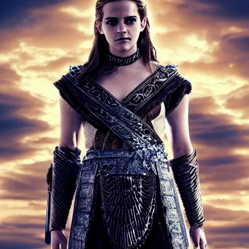 Image similar to emma watson as king leonid from the 3 0 0 spartans, movie poster. symmetry, awesome exposition, very detailed, highly accurate, professional lighting diffracted lightrays, 8 k, sense of awe