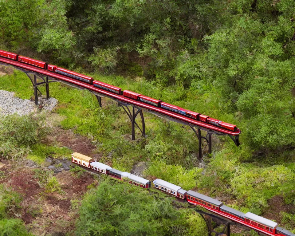 Image similar to close-up, hi-res photo of miniature model train crossing a trestle over a garden creek.