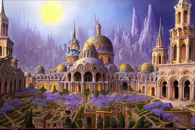 Prompt: a beautiful stunning insanely detailed fantasy matte painting of a byzantine cathedral city buzzing with activity and magical creatures by Heironymous Bosch and Jim Burns and James Gurney