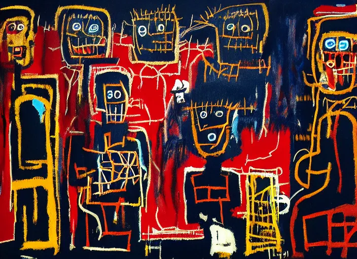 Prompt: the night watch painted by jean michel basquiat