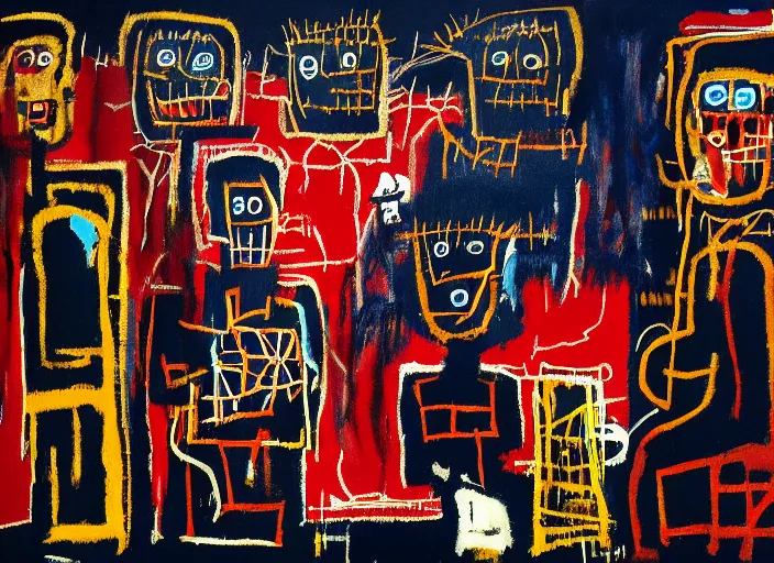 Image similar to the night watch painted by jean michel basquiat