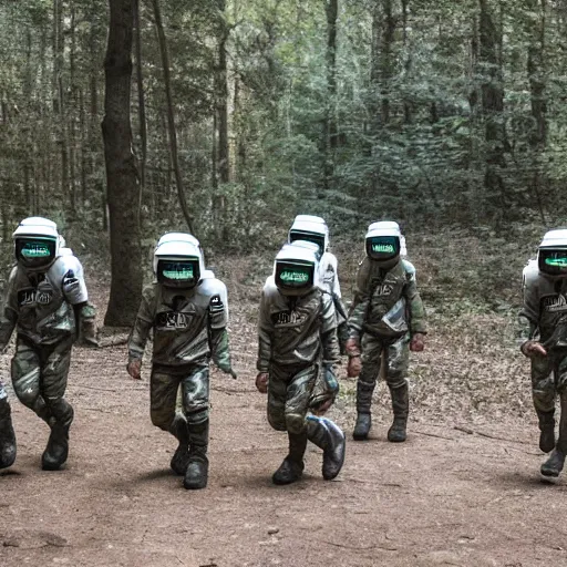 Image similar to a squad of space scouts wearing camo uniforms with white armor and helmets exploring a forest planet