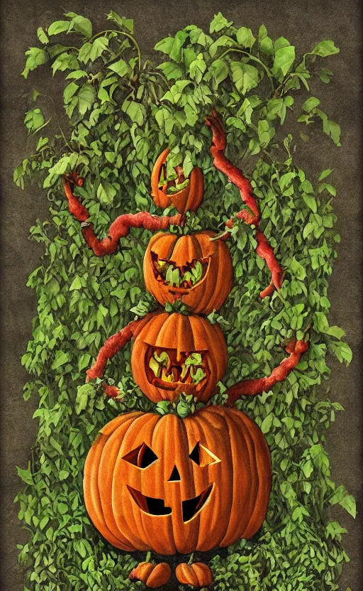 Image similar to a pumpkin monster but it's body is made out of vines and weeds, full body portrait