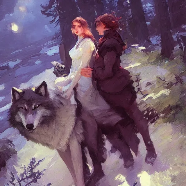 Image similar to book cover for a wolf and girl love story, portrait, elegant, intricate, digital painting, artstation, concept art, smooth, sharp focus, illustration, art by konstantin korovin and daniel f. gerhartz and john howe