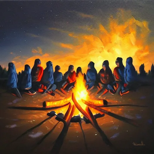 Image similar to angels in the sky looking down on earth at 6 people around a campfire at night, oil paint on canvas