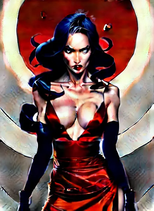 Image similar to artgerm, joshua middleton comic cover art, full body pretty megan fox vampire sharp teeth, red dress, symmetrical eyes, symmetrical face, long curly black hair, dark castle background background, cinematic lighting