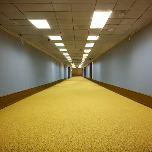 Prompt: Liminal space with a clown, the backrooms, office/thrift store/social hall, carpet, abandoned, poor fluorescent lighting, yellow tint, security camera footage, low resolution