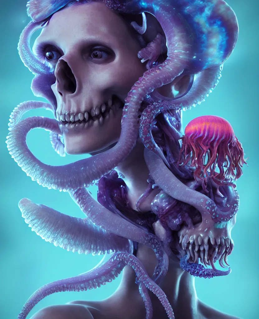 Image similar to goddess close - up portrait human skull, ram skull, squid phoenix jellyfish, orchid, betta fish, bioluminiscent, intricate artwork by tooth wu and wlop and beeple. octane render, trending on artstation, greg rutkowski very coherent symmetrical artwork. cinematic, hyper realism, high detail, octane render, 8 k