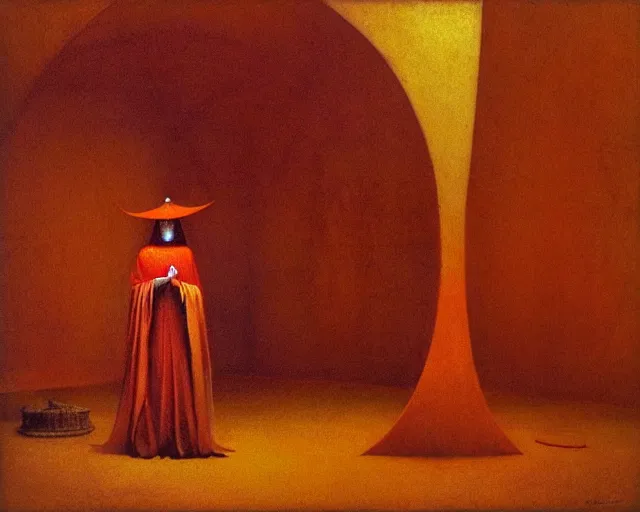 Image similar to devotion to the scarlet woman, priestess in a conical hat, coronation, ritual, sacrament, by francis bacon, beksinski, mystical redscale photography evocative, luxury, opulence.