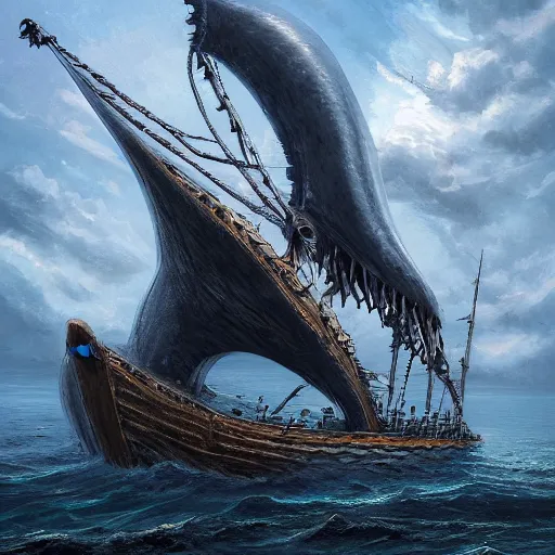 Image similar to sea monster looks like sailing ship deep dark sea, highly detailed, digital painting, smooth, sharp focus, illustration, artstation