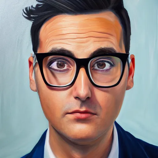 Image similar to painting portrait of dan levy, vivid 8 k, sharp depth of field, pristine global illumination.