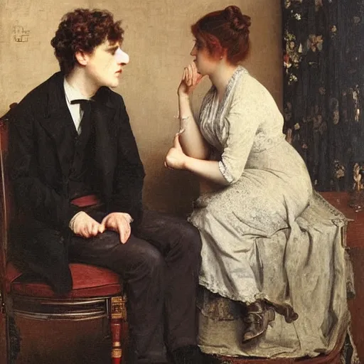 Image similar to young victorian man and woman solving an escape room riddle, sitting, thinking painted by alfred stevens