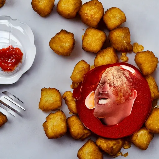 Image similar to food photo of channing tatum's face on top of giant tater tot on a plate with ketchup