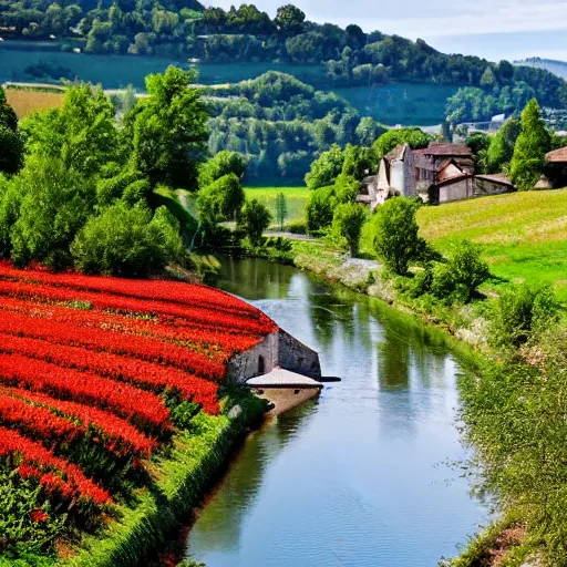 Prompt: dordogne typical landscape, little houses on the hills in the background, summer, river, ultra detailed, ultra sharp, award winning. 8 k, flowers, trees