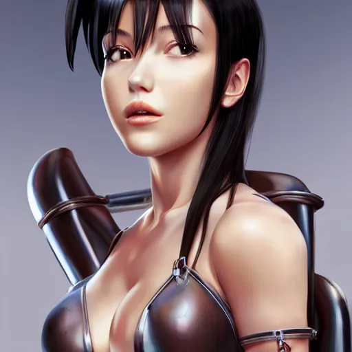 Image similar to 8K photorealistic Portrait of Tifa Lockhart sitting on a chair, intricate upper body, whole body, highly detailed, digital painting, artstation, concept art, smooth, sharp focus, illustration, art by Hajime Sorayama