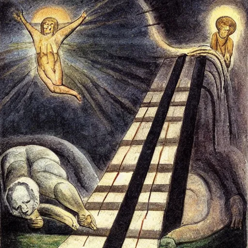 Image similar to george costanza walking up jacob's ladder by william blake