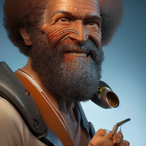 Prompt: bob ross cyborg. one eye covered with a robotic painting palette, art by artgerm and greg rutkowski and alphonse mucha, concept art, octane render, unreal engine 5, highly detailed, high quality, 8 k, soft lighting, realistic face, path traced