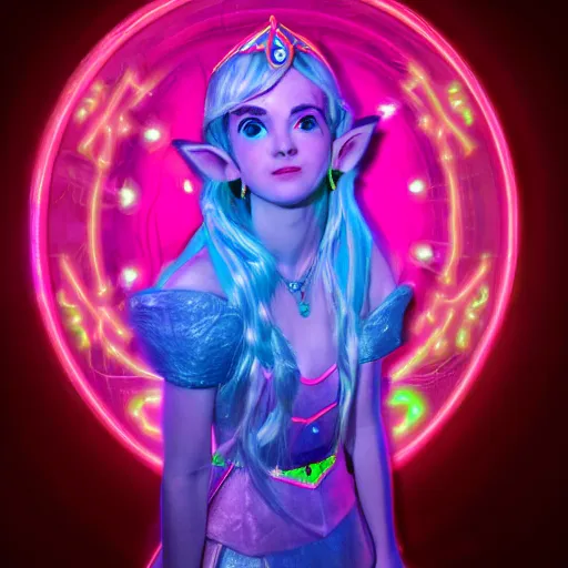 Image similar to princess zelda, neon accents, iridescent lighting, highly detailed 8k photo,