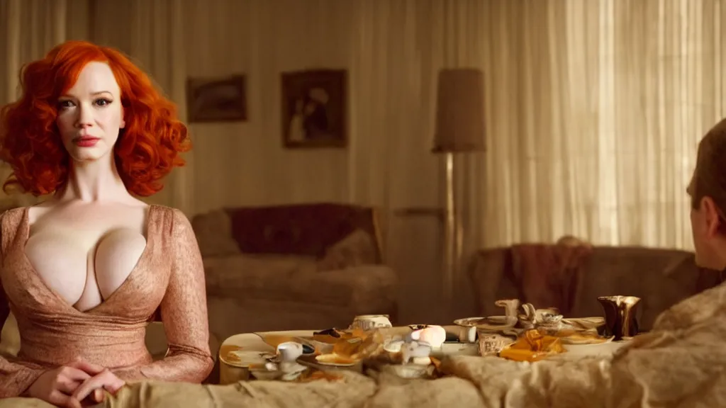 Image similar to Christina Hendricks in the living room, film still from the movie directed by Denis Villeneuve with art direction by Salvador Dalí, wide lens