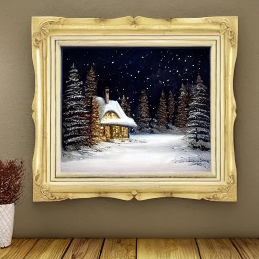 Image similar to snowy forest night scene magical cottage surrounded by the woods with one illuminated window, oil painting