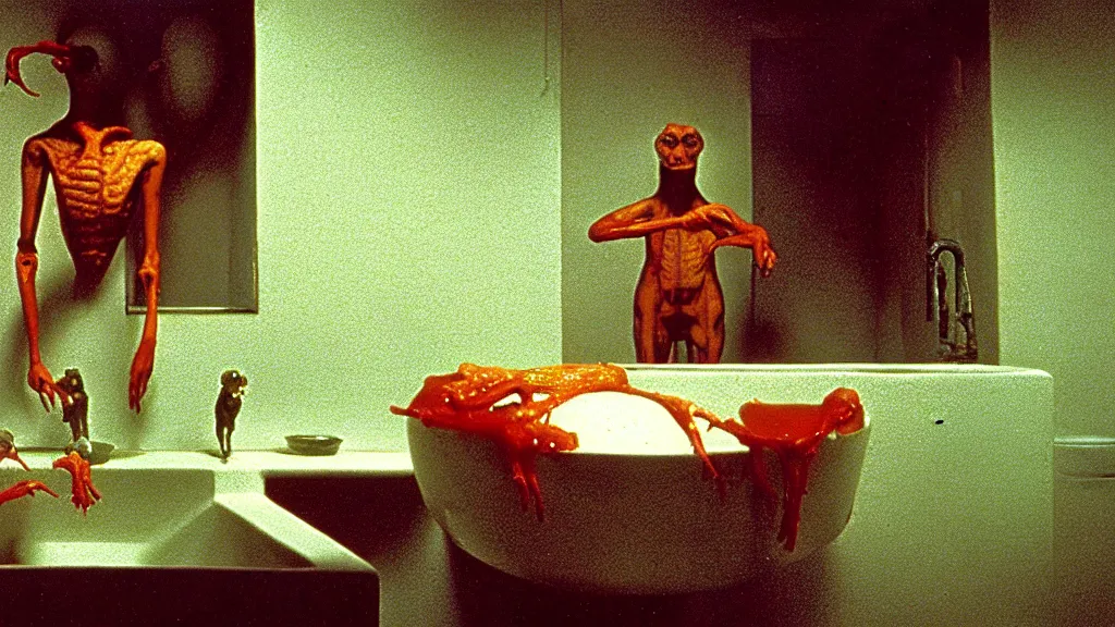 Prompt: the strange creature in the sink, they look at me, film still from the movie directed by wes anderson and david cronenberg with art direction by salvador dali and zdzisław beksinski, wide lens