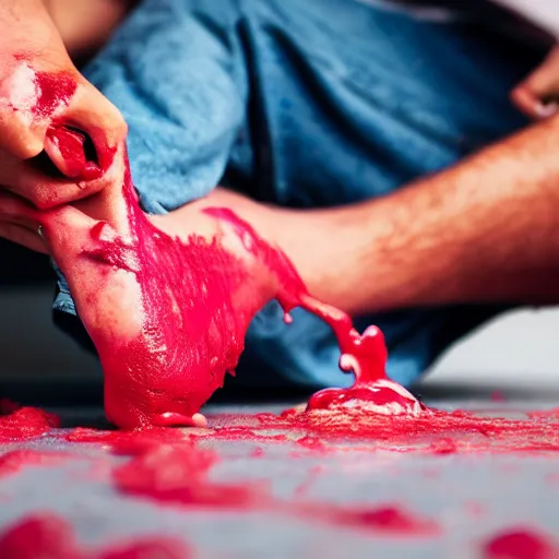 Prompt: man eat his own leg with pink ketchup