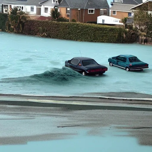 Prompt: a photo of a tsunami sweeping away buildings and early 2 0 0 0 s and 1 9 9 0 s cars as well as 1 9 7 0 s and 5 0 s cars and debris is in the water, water is unnaturally clear and teal.