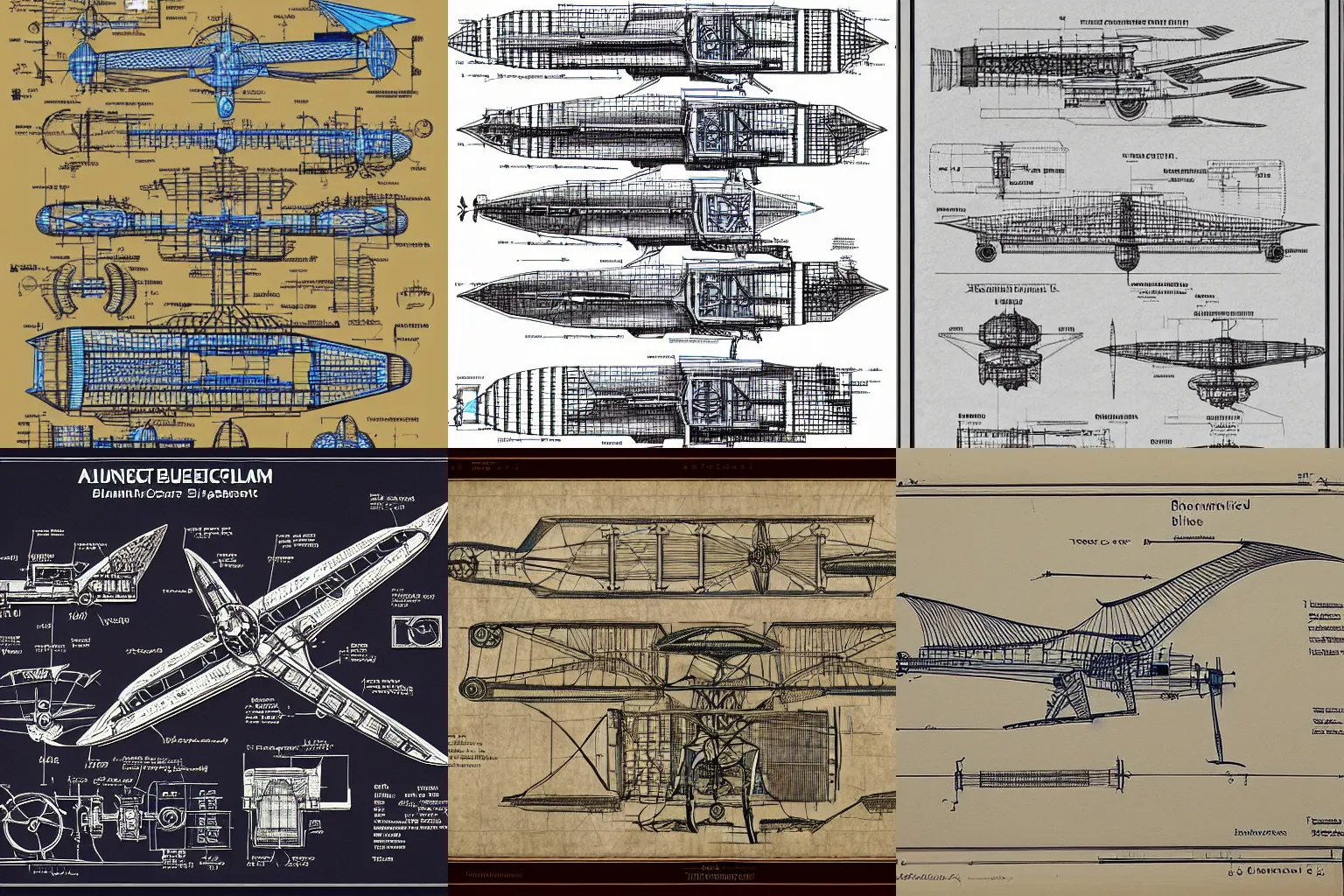 Prompt: detailed schematic blueprints for an ancient flying machine, highly detailed