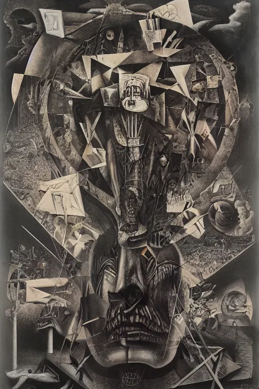 Image similar to dada nihilist discordian surreal collage made of cut up art by mc escher, walt disney, hr giger and beksinski. 8 k resolution. william s burroughs