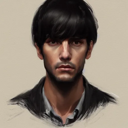 Prompt: portrait of a man by greg rutkowski, he is about 3 0 years old, short black hair with bangs, his features are peruvian, very tall and slender, he is wearing a beige and black utility jumpsuit, highly detailed portrait, digital painting, artstation, concept art, smooth, sharp focus ilustration, artstation hq