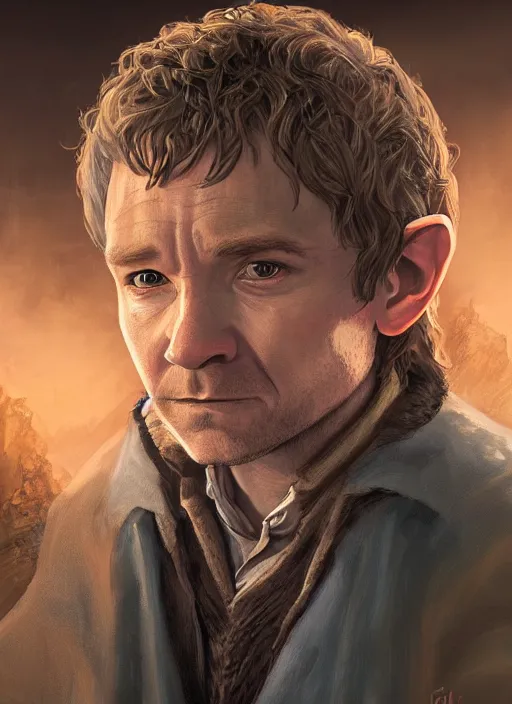 Image similar to A fantasy comic book style portrait painting of Martin Freeman as a hobbit mage in a stunning fantasy fortress, unreal 5, DAZ, hyperrealistic, octane render, RPG portrait, dynamic lighting