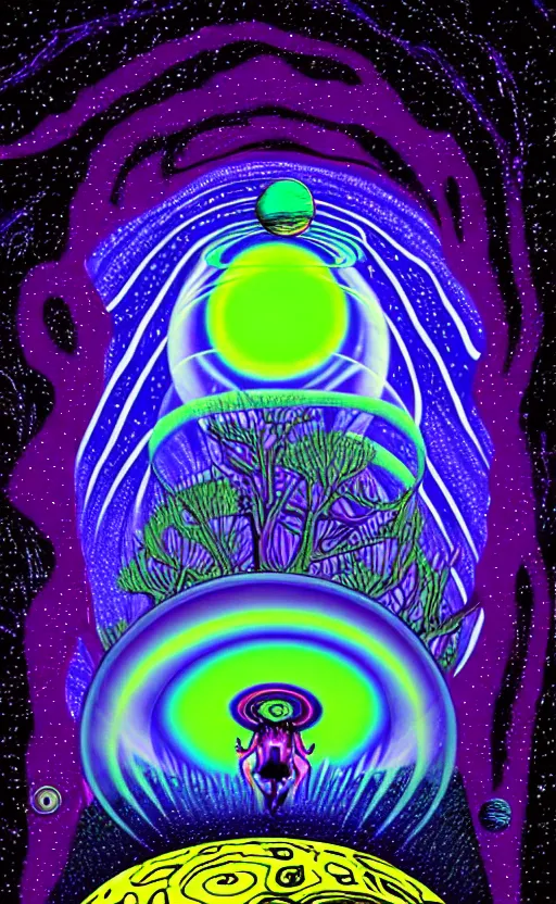 Image similar to trippy psychedelic aliens in space above a planet with a forest by david normal