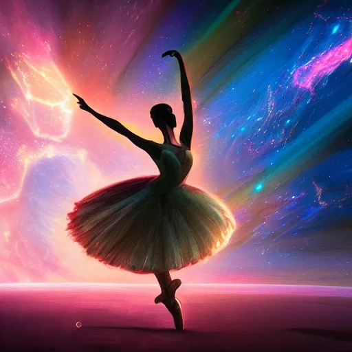 Image similar to a ballerina dancing in space, warm lighting with cool shadows, digital painting, detailed, trending on artstation, nebulas in background, expressive digital painting, in the style of dominik mayer marco bucci, gaston bussiere, and norman rockwell, beautiful nebulas in the background, 8 k, hard lines, particles, ray tracing, realism