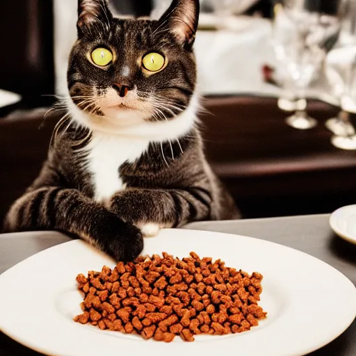 Prompt: A photo of a cat wearing a suit sitting in a fancy and expensive gourmet restaurant and eating a plate of cat food. f/2.8, dim lighting, award winning photo