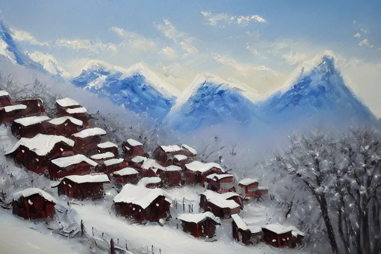 Image similar to beautiful snow mountain village, oil painting, oil in canvas, brushstrokes