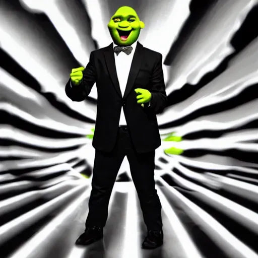 Image similar to Shrek performing Never Gonna Give You Up, singing into a microphone while dancing, black suit, striped shirt, light background, full color photograph, 4k