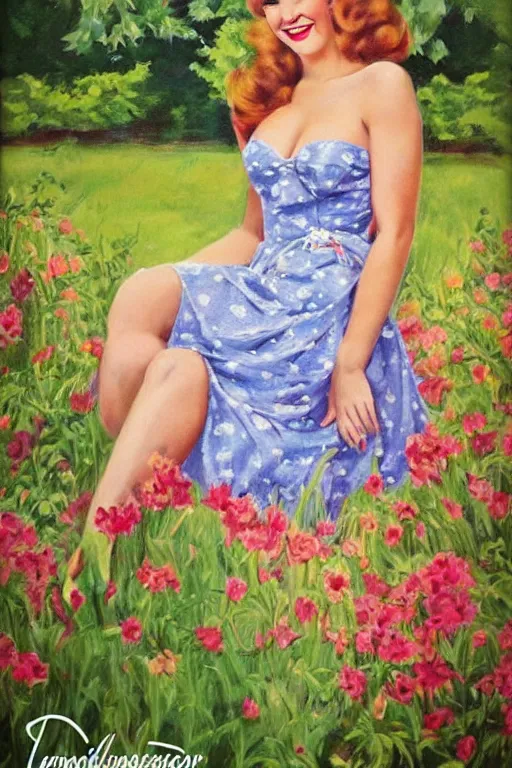 Image similar to a full view portrait of a beautifull woman, wearing a dress,with a beautifull smile,a garden background.in american style pin up.anatomically correct