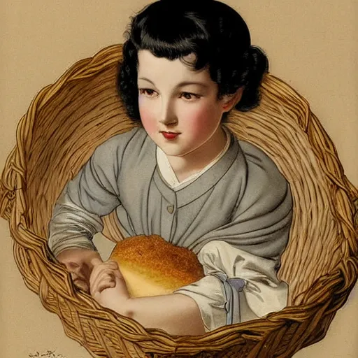 Image similar to a boy with long black curly hair, round face holding a loaf of bread in a basket. By JC Leyendecker. By Yasunari ikenaga .