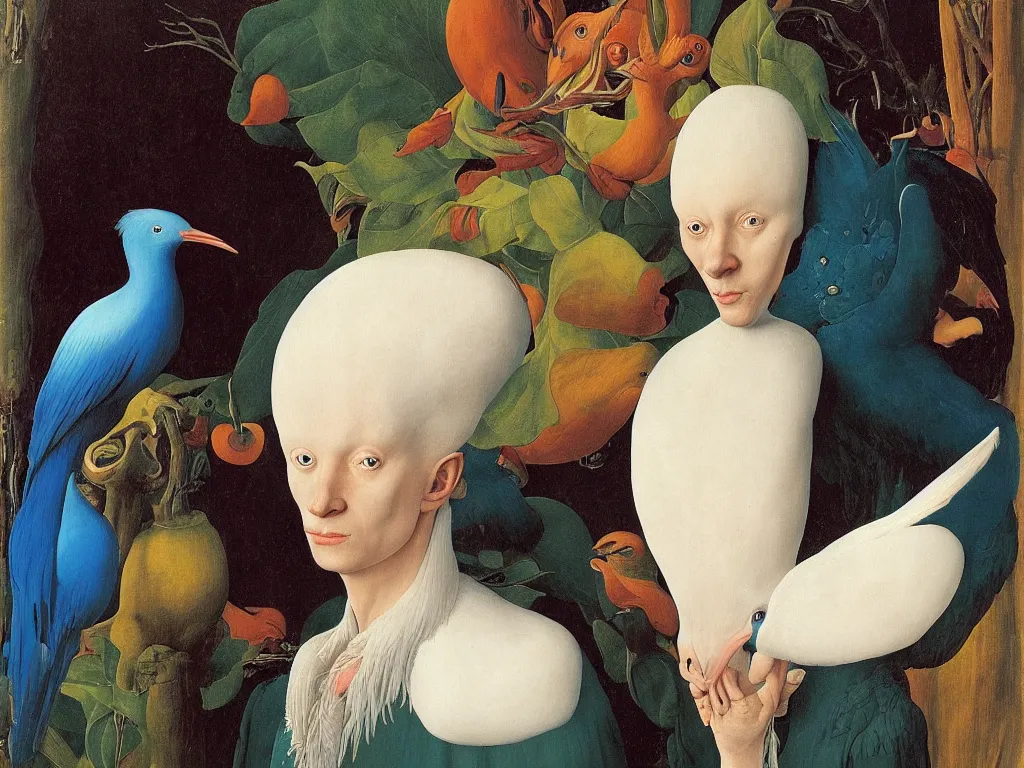 Image similar to Portrait of albino mystic with blue eyes, with exotic hoopoe. Painting by Jan van Eyck, Audubon, Rene Magritte, Agnes Pelton, Max Ernst, Walton Ford