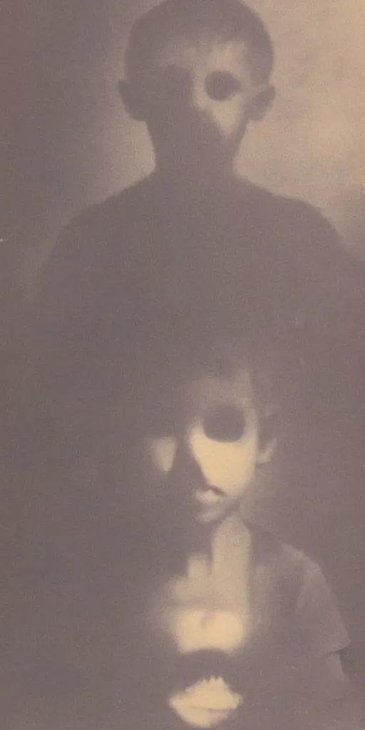 Prompt: found polaroid photo of a young boy with a horrifying shadow demon with glowing eyes looming behind him in a musty basement, detailed real photo
