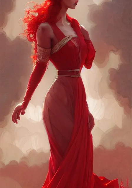 Image similar to sansa fatal women in red, intricate, elegant, highly detailed, digital painting, artstation, concept art, smooth, sharp focus, illustration, art by artgerm and greg rutkowski and alphonse mucha and william - adolphe bouguereau