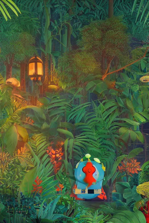 Image similar to rare bird in the jungle, night, stars, highly detailed, unreal engine render concept art, glitch, style of henri rousseau and richard scarry and hiroshi yoshida