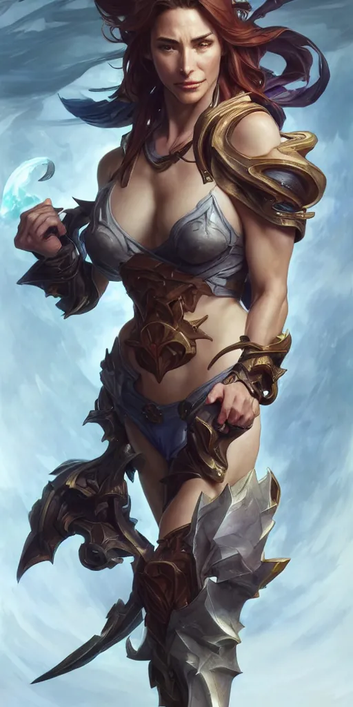 Image similar to claire forlani, league of legends, action pose, intricate, highly detailed, digital painting, hyperrealistic, artstation, concept art, smooth, sharp focus, illustration, Unreal Engine 5, 8K, art by artgerm and greg rutkowski and alphonse mucha, by Jesper Ejsing