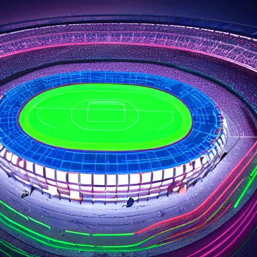 Prompt: neon sci - fi soccer stadium, futuristic, neon colours, high saturation, high def, 8 k, hd, two moons on night sky, massive crowd,