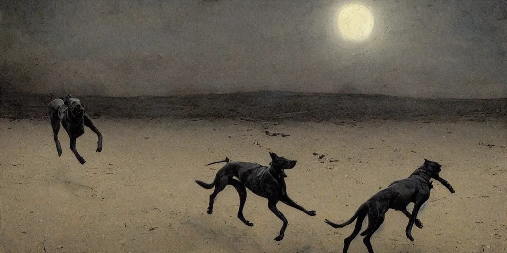 Image similar to black greyhounds running in the night dessert, by john charles dollman, nicola samori and andrew wyeth. highly detailed, realistic. dark atmosphere