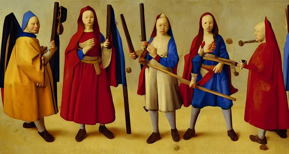 Image similar to a painting of 3 superhero nuns holding nunchucks, medieval painting by Jan van Eyck, Johannes Vermeer