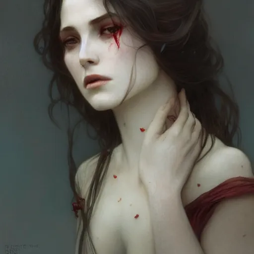 Image similar to portrait of beautiful vampire, thorns, anguished expression, headshot, pale skin, 4k, rule of thirds, extreme detail, detailed drawing, trending artstation, hd, fantasy, D&D, realistic lighting, by Alphonse Mucha, Greg Rutkowski.